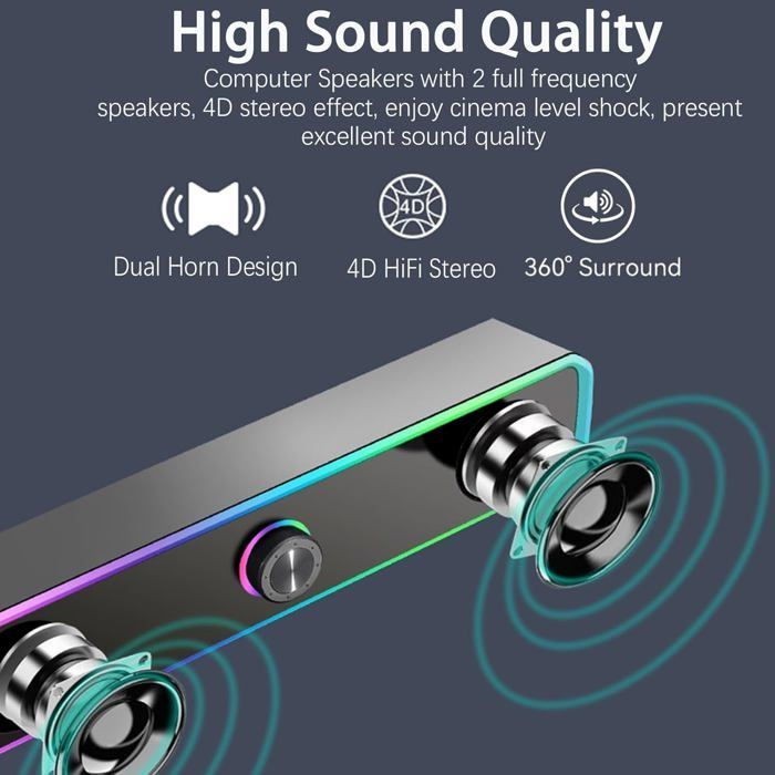 PC Speaker, PC Soundbar, USB Powered, 3.5 mm Jack and Bluetooth, Speaker for Laptop, Tablet, TV