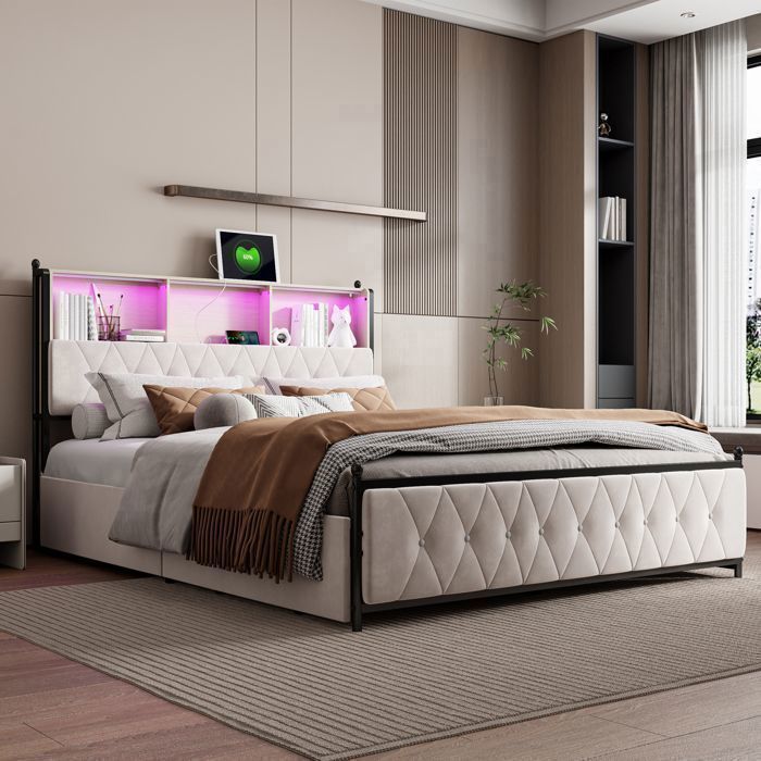 Cama de 180x200 cm con cajones, cama doble con almacenamiento, 4 cajones, iluminación LED, carga USB, estructura de cama con somier de láminas, terciopelo, beige.