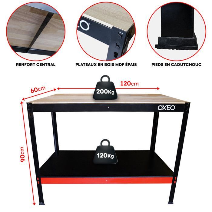 Banco de trabajo para taller - Mesa de trabajo - 120x60x90cm - Estructura de acero - Montaje sin tornillos - Taller de bricolaje