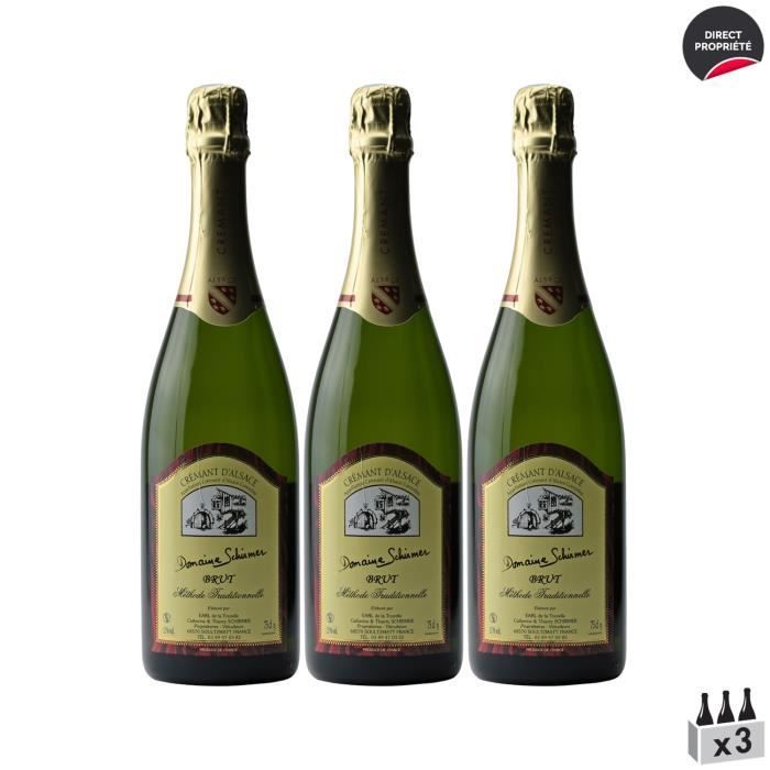 Crémant d'Alsace Méthode Traditionnelle BRUT Blanco - Paquete de 3 x 75 cl - Domaine Schirmer - Vino espumoso AOC Blanco de Alsacia