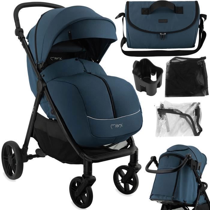 MoMi CLARA - Poussette 0m+ jusqu’à 22 kg - Barre rotative - Poignée réglable - Accessoires inclus : sac, housse pluie - Bleu