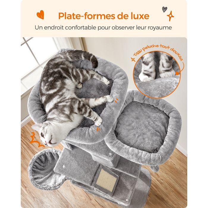 Arbre à Chat, Hauteur 203.5 cm, avec 13 Griffoirs, 2 Plate-forme, 2 Niches, Multi-niveaux pour Chat d'Intérieur, Gris Clair