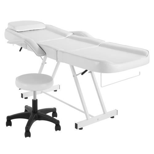 Lettino da massaggio con struttura in ferro - gambe e schienale regolabili con sgabello - 186 x 82 x 70 cm, colore bianco.