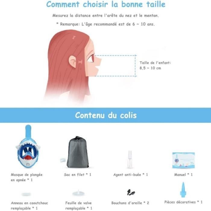 Masque de Plongée pour Enfant Requin Masque de Plongée avec Tuba, Anti-buée, Anti-Fuite, Panorama 180° Système Dry Top Respiration