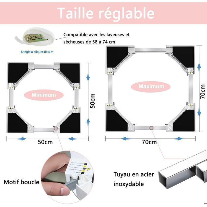 Kit de apilamiento universal - Accesorios para lavadora/secadora - con cuerda de trinquete, altura ajustable (50-70 cm), capacidad de carga de 200 kg.