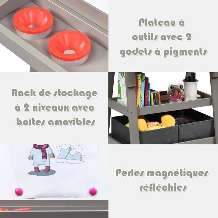 Tableau Enfant COSTWAY  Blanc Magnétique et Noir, Rouleau de Papier (Papier inclus), 3 Etagères et 2 Bac de Rangement Gris
