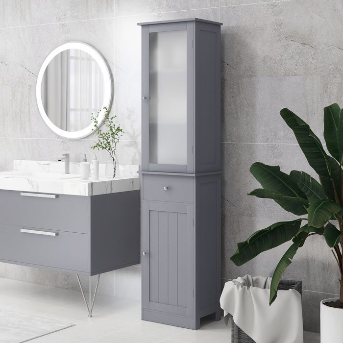 Meuble Colonne de Salle de Bain kleankin Placard Porte Acrylique 2 étagères Placard Porte 1 étagère tiroir MDF Gris