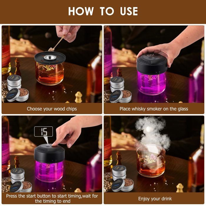 Kit ahumador eléctrico de whisky de estilo vintage, recargable por USB-C, con 6 fichas de madera, pantalla digital e iluminación ambiental.