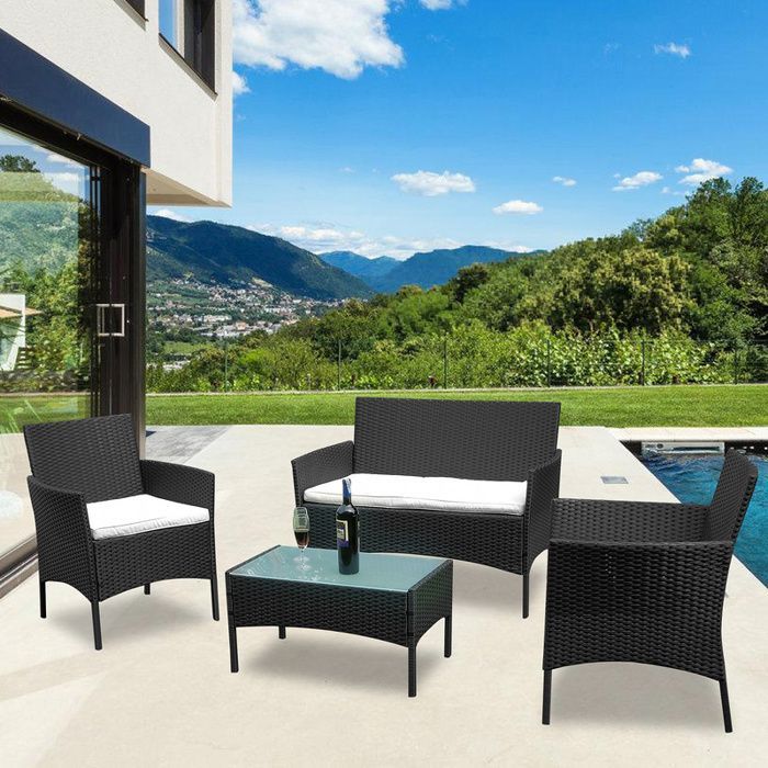 Set di mobili da giardino Riossad composto da 4 pezzi: 2 poltrone, 1 divano a due posti e 1 tavolo, colore nero, set da salotto basso da giardino.