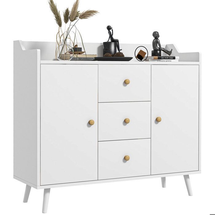 Aparador - HOMCOM - 2 puertas, 3 cajones y patas de madera maciza - estilo moderno - aglomerado - 90 x 32 x 80 cm - blanco