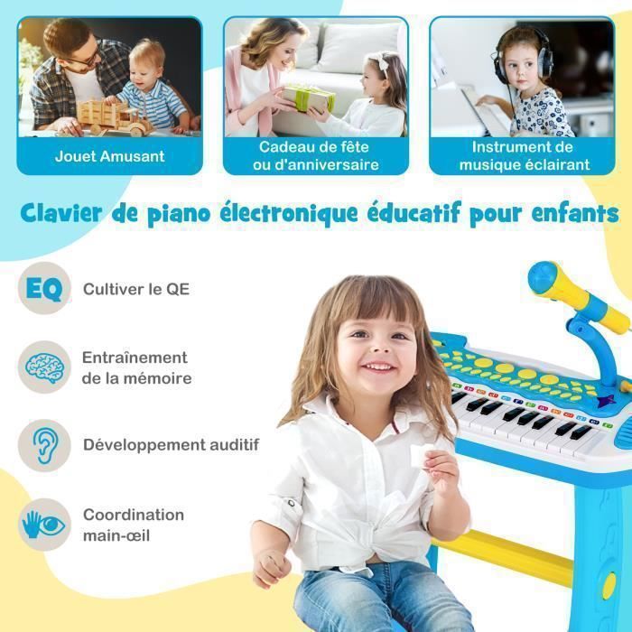 Piano electrónico para niños de 3 años, 31 teclas con taburete, COSTWAY - Micrófono, efectos de luz, 7 ritmos - Parada automática - Azul