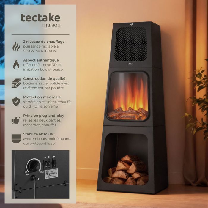 Cheminée électrique décorative avec effet de flammes 3D et thermostat