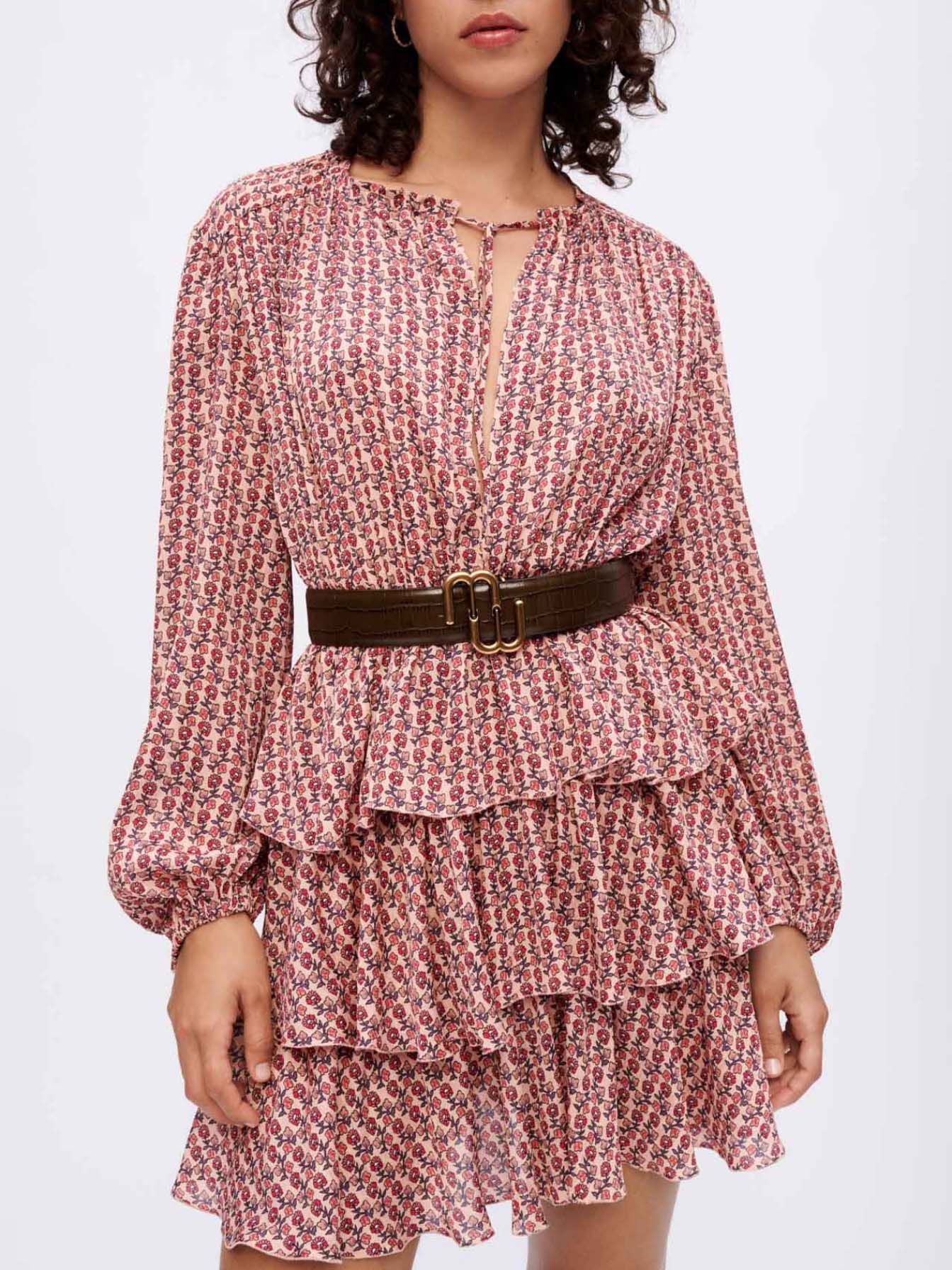 Zwierige jurk met print en ruches - Mini fleurs rose foncé