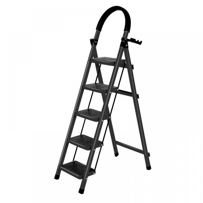 MIPAN. Escalera plegable de 5 peldaños con plataforma antideslizante - Escalera de acero estable - Máx.: 150 kg - Negra