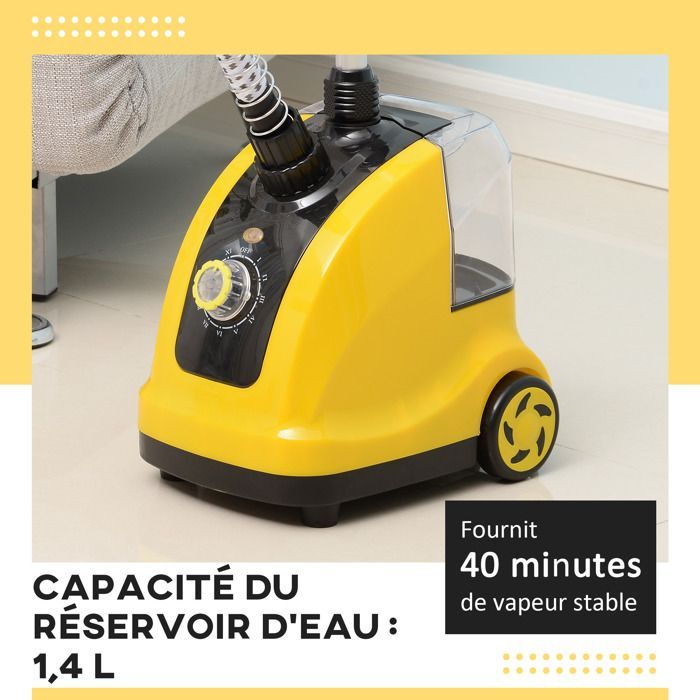 Défroisseur vapeur - HOMCOM - vertical vêtements 1,4 L 1950 W débit 32g/min tige telescopique - ABS - jaune noir