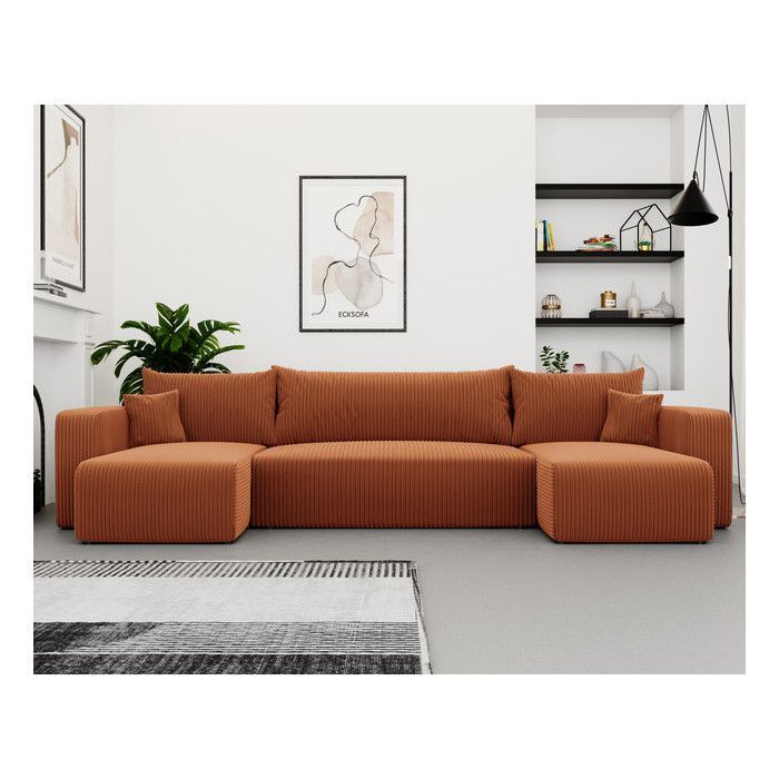 PIANO U 7-Sitzer Eckschlafsofa aus orangefarbenem Cord mit Stauraum und T30-Schaumstoff