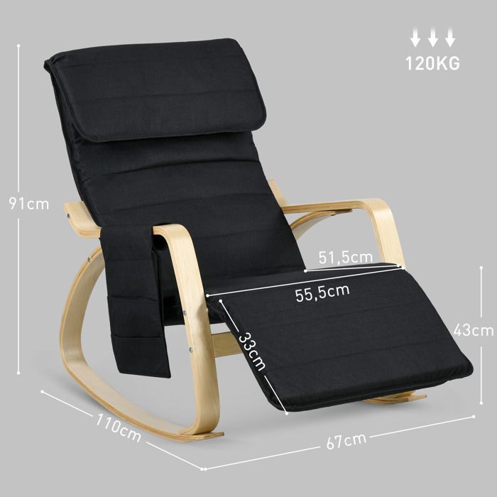 Fauteuil relax à bascule fauteuil allaitement avec repose-pieds réglable, poche latérale et appui-tête, noir