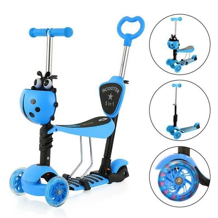 Trottinette Enfant - YOLEO - 5 en 1 - Siège Amovible - LED Roues - Bleu