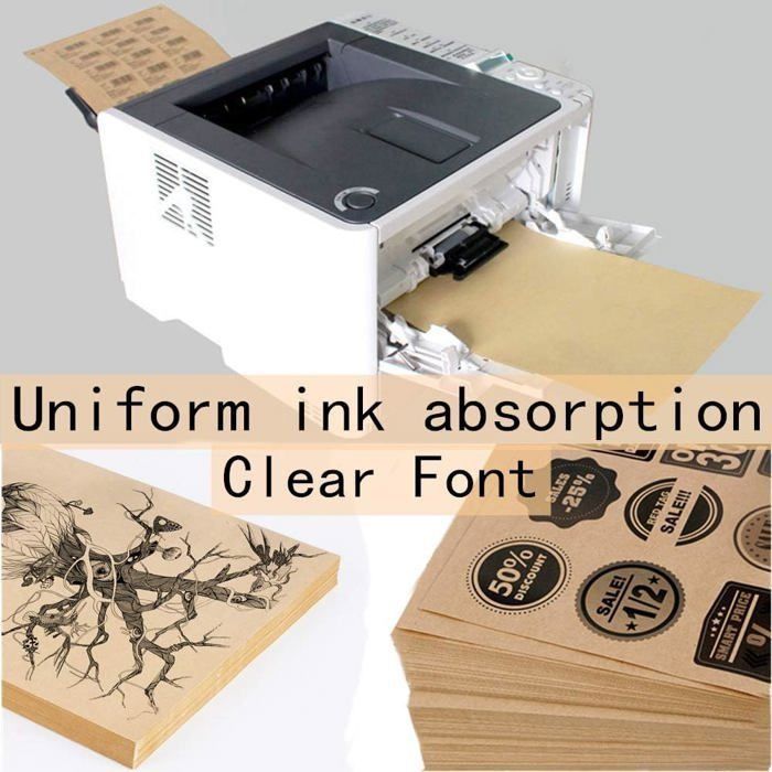 100 Feuilles de Papier Kraft Autocollant A4 Papier Imprimable 80g pour Imprimante Laser et Jet dEncre