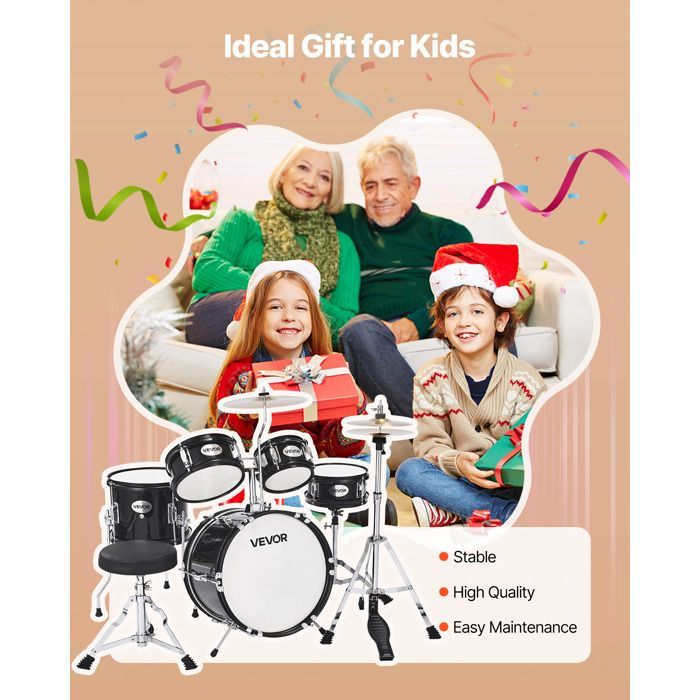 Batteria per bambini VEVOR a 5 pezzi - Batteria per principianti - Grancassa da 14 pollici con tom-tom - Rullante da 8 pollici - Timpano da 10 pollici