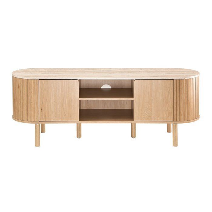 CALICOSY - Meuble TV 2 portes avec plateau effet travertin L140 cm - HELIOS - Bois clair