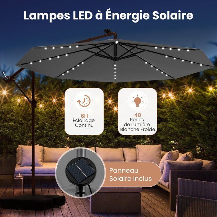 Ombrellone decentrato COSTWAY da 3 m con 40 LED - Base a croce con sacco di sabbia - Tessuto in poliestere grigio con protezione UV 20+ - Pannello solare da 6 ore