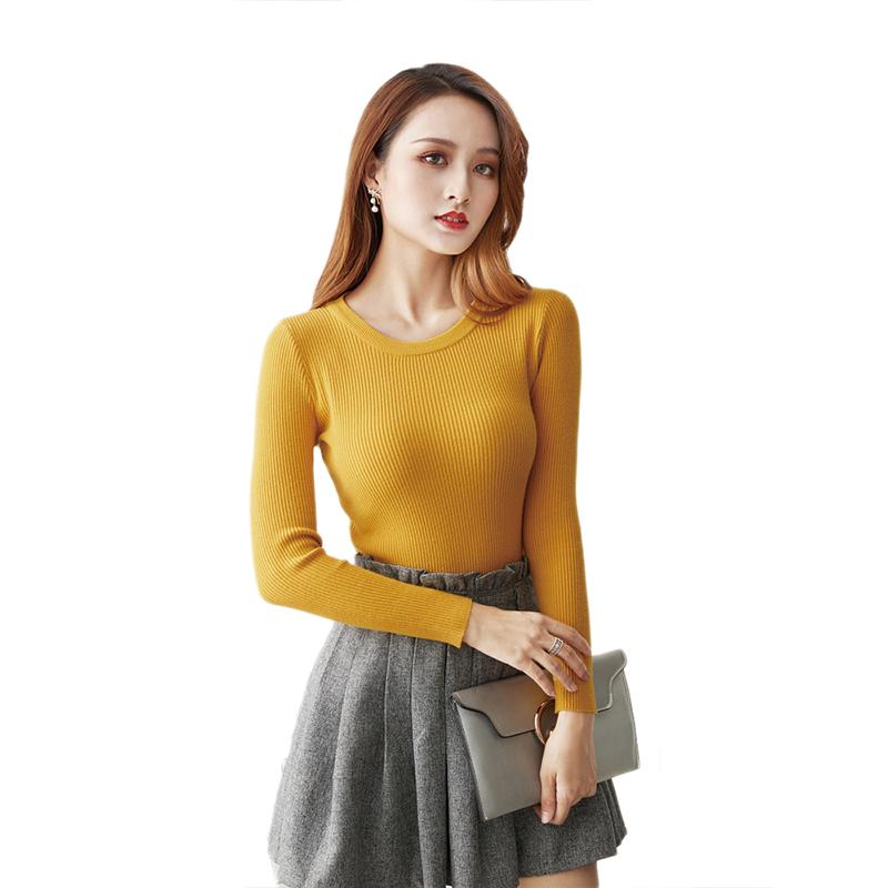 Pull d'automne-hiver pour femme, style coréen, en maille, col rond, manches longues, coupe ajustée.