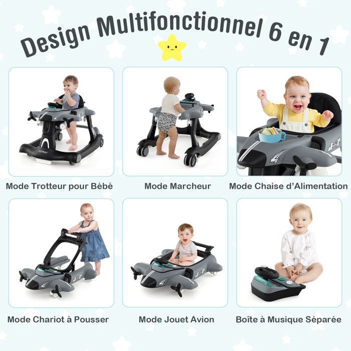 Andador plegable 6 en 1 para bebés COSTWAY - Diseño de avión - Altura ajustable - Caja de música con luces LED - Bandeja de alimentación - De 6 a 18 meses - Gris