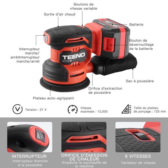 Levigatrice orbitale a batteria TEENO 20V, kit completo con 25 fogli abrasivi, batteria da 4,0 Ah e sistema di aspirazione della polvere.