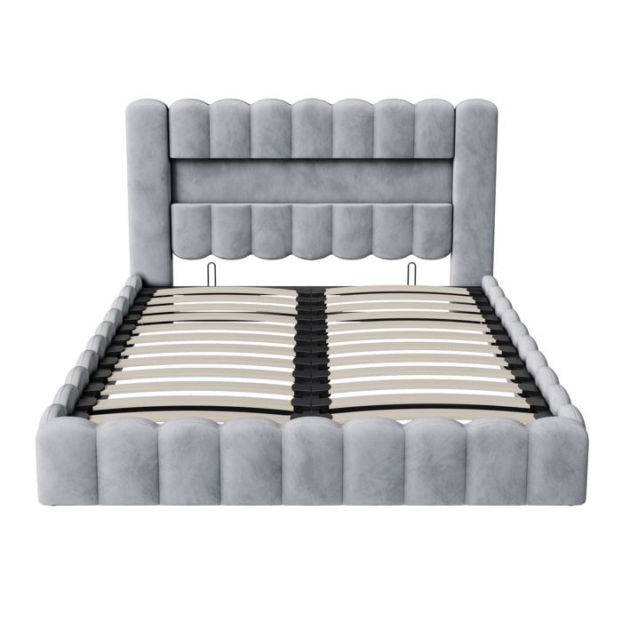 Cama con almacenamiento - PERGAR - 180 x 200 cm - Lino gris - Base de láminas incluida - Almacenamiento USB y LED