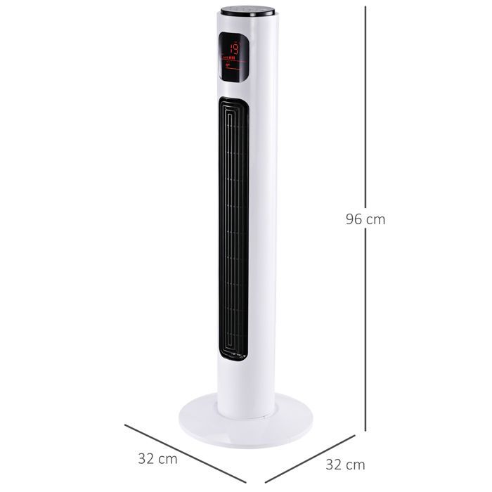 Ventilador de torre HOMCOM - Silencioso, 3 modos, 3 velocidades, mando a distancia, LED - 96 cm - Blanco