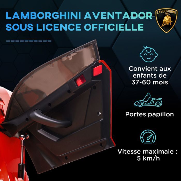 Coche eléctrico - HOMCOM - Lamborghini Aventador SVJ 12V infantil con licencia, puertas de mariposa y luces LED - PP - rojo