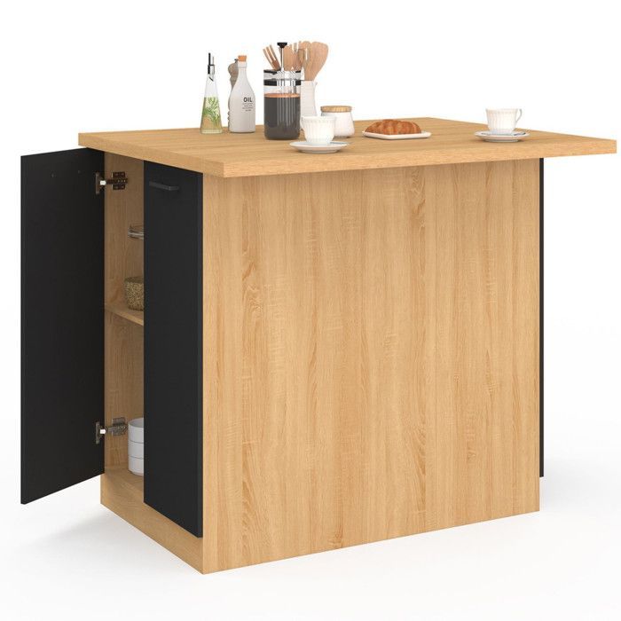 Isla central IDMARKET IVO de 100 cm en madera con efecto haya, puertas y encimera negras.