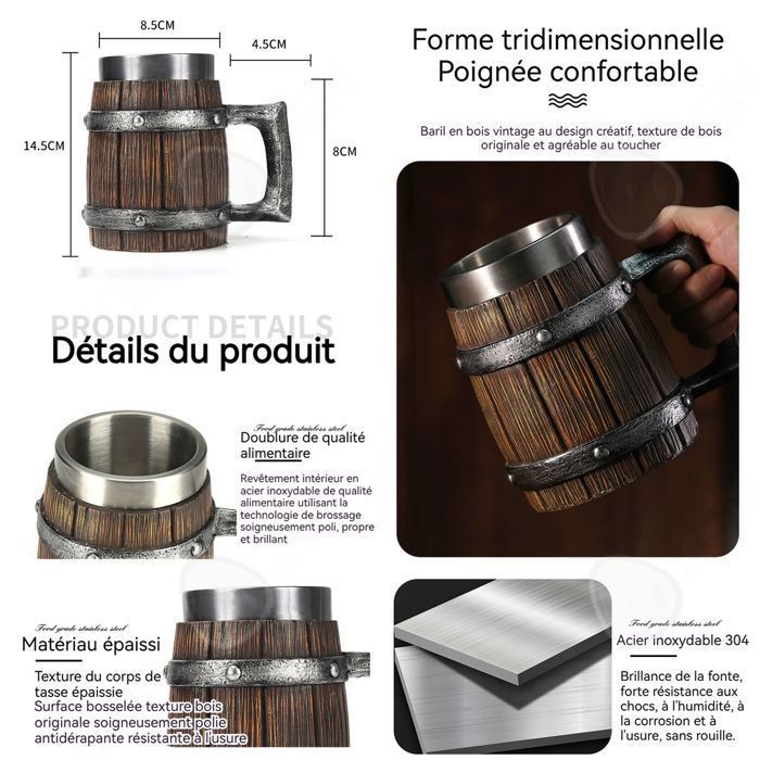 Copa de vino PASSIONOVA de 600 ml, diseño de barril, acero inoxidable de doble pared con asa, para cócteles y cerveza.