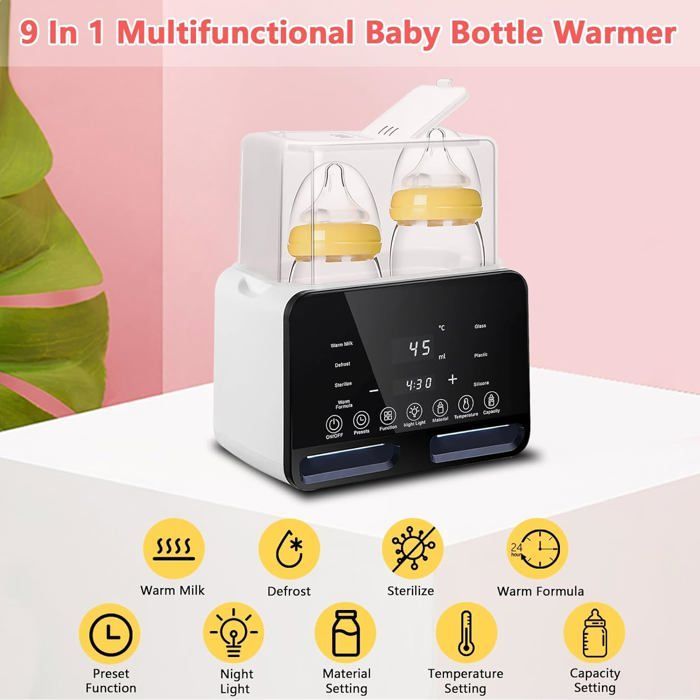 Scaldabiberon 9 in 1, scaldabiberon rapido, controllo intelligente della temperatura e spegnimento automatico, con luce notturna.
