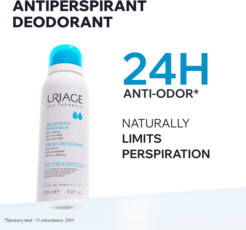 Desodorante spray Uriage Hygiène Fresh para proteção de 24 horas.