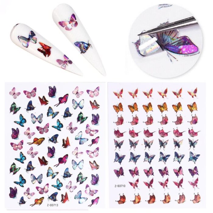Stickers pour ongles papillons holographiques 3D colorés, motifs variés, gel UV, décoration pour nail art à faire soi-même