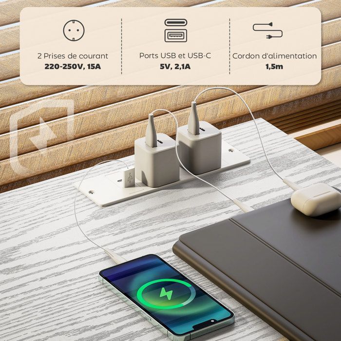 Desk with storage - HOMCOM - power outlets, 3 fabric drawers and 4 storage shelves - 120 x 40 x 76 cm - white