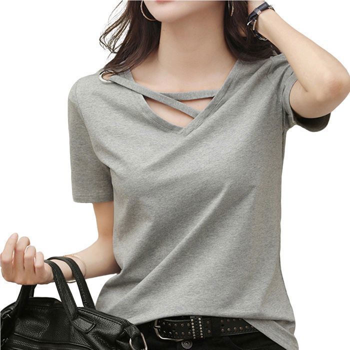 Camiseta de mujer, camiseta de verano de manga corta con cuello en V, camiseta casual chic y elegante para mujer con diseño único - Gris