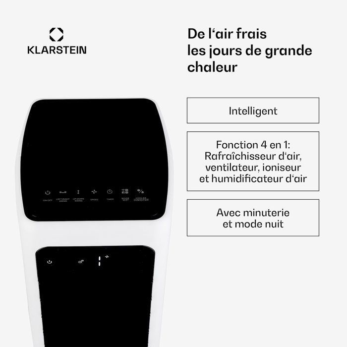 Enfriador de aire Klarstein Skytower 360° - Control por aplicación - Ventilador 4 en 1 - Blanco