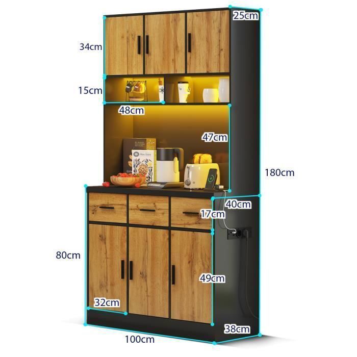 Zwart keukendressoir met ledverlichting, houten eetkamerkast - Moderne stijl - B 100 x D 40 x H 180 cm