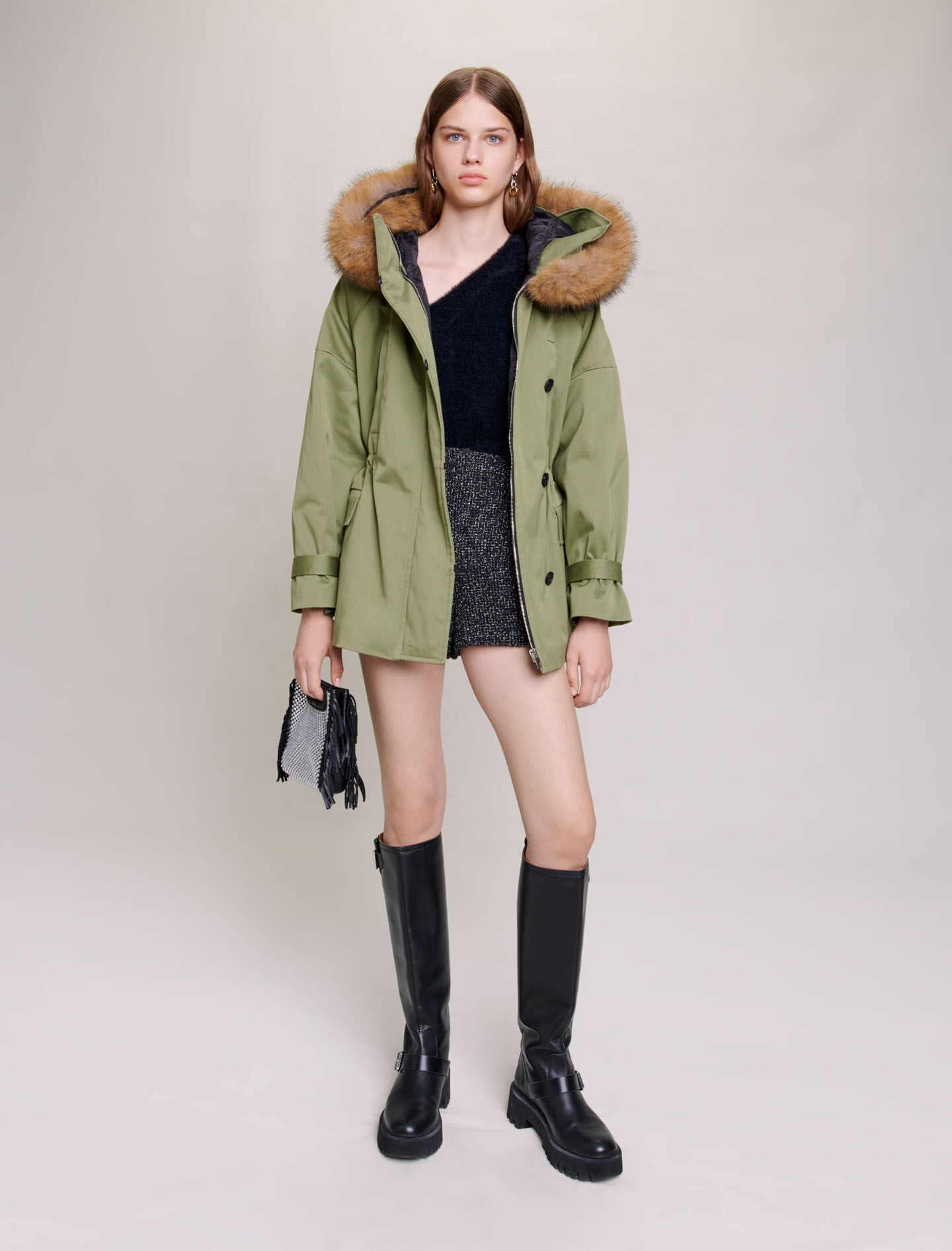Korte parka met capuchon - Khaki