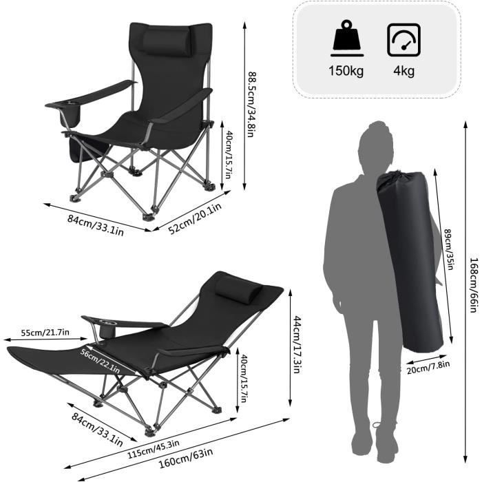 Silla de camping WOLTU con reposacabezas, portavasos, bolsillo de almacenamiento, bolsa de transporte, capacidad de carga de 150 kg, color negro CPS8148sz