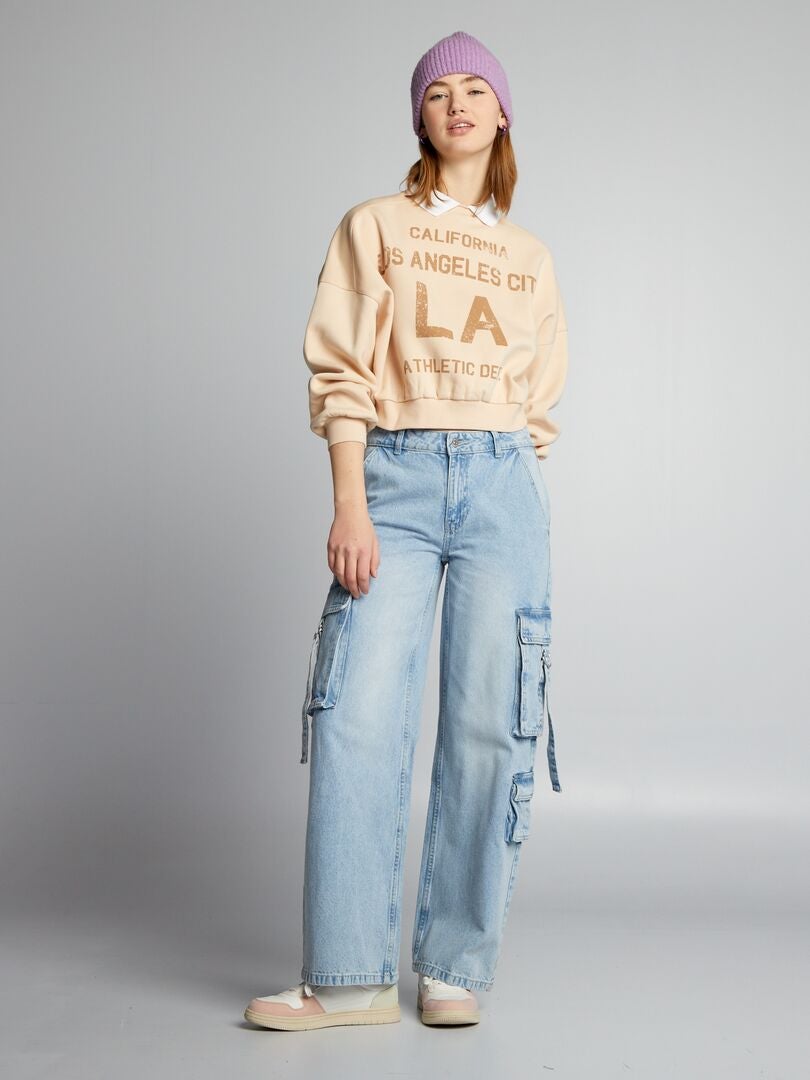 Korte sweater met overhemdkraag - BEIGE