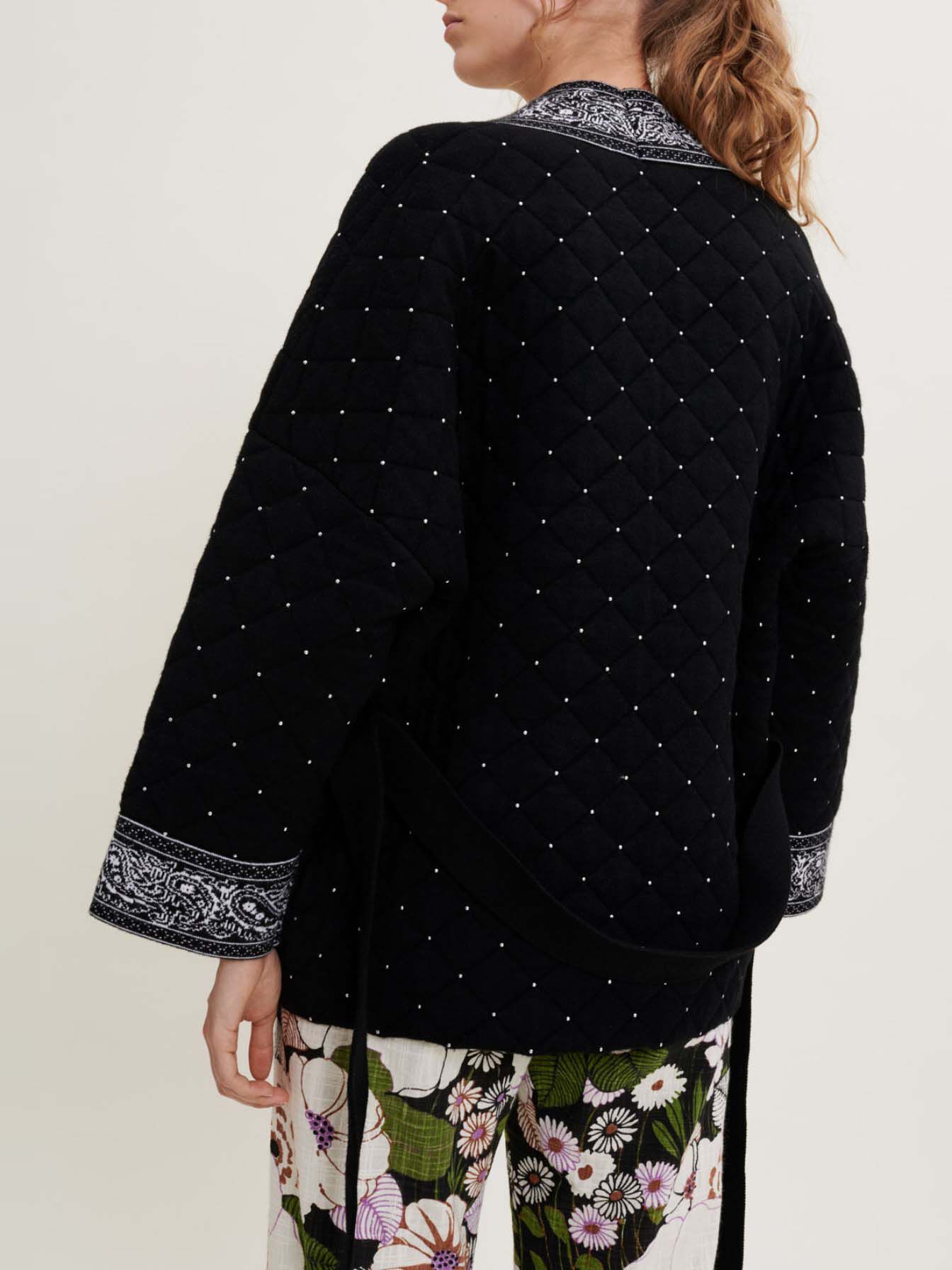 Jacquard vest met riem - Zwart