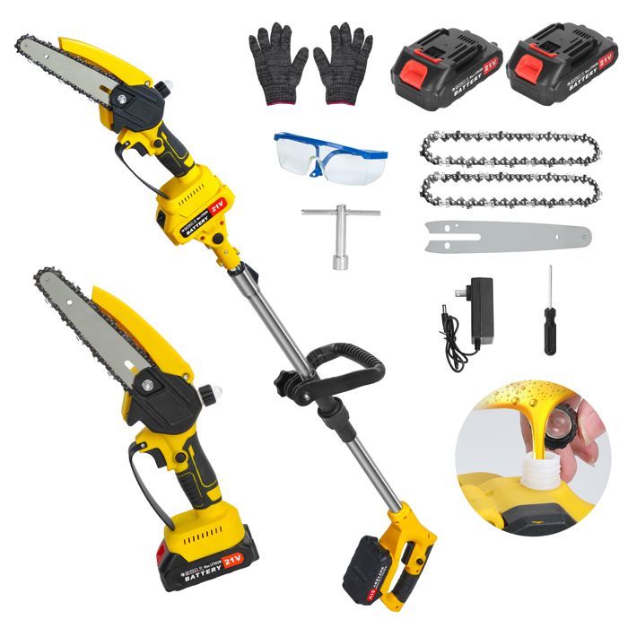 Tronçonneuse sur perche 21V lithium 2 outils en 1 scie et elagueur livree avec 2 batteries et chargeur rapide
