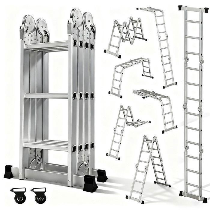 Escalera multifuncional OUTIGO, 7 en 1, plegable, de aluminio, con 2 ruedas, carga máxima 150 kg, 12 peldaños.
