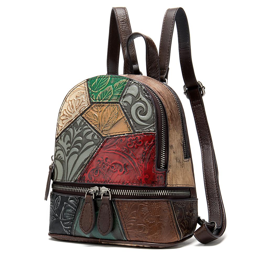 Sac à dos en cuir véritable pour femme, style bohème à panneaux, idéal pour les voyages et les sorties.