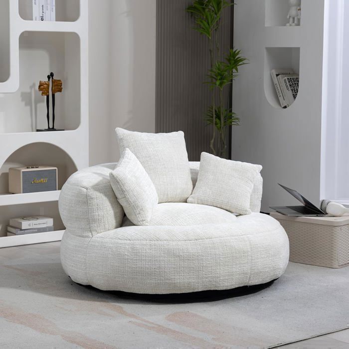 Sillón puf de dos plazas en chenilla beige, 108×108×52 cm, con 3 cojines: sofá cómodo para salón y dormitorio.
