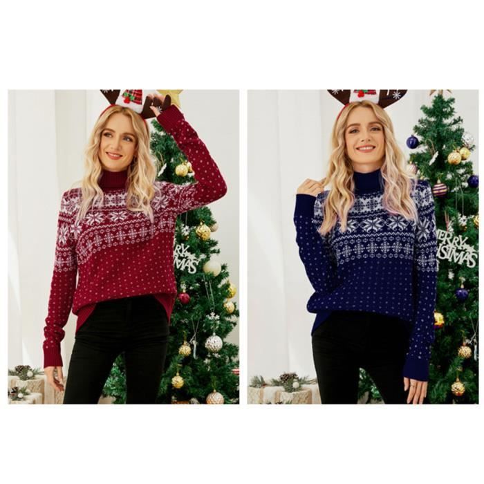 Jersey de punto navideño para mujer INSFITY - Cuello alto - Azul - Tejido cómodo
